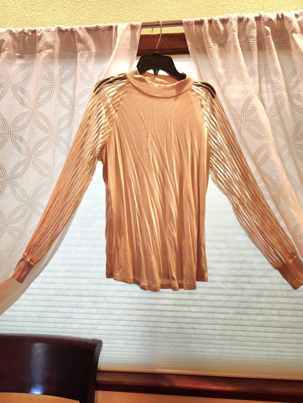 Long Sleeve Sheer Sleeve Beige Top Large